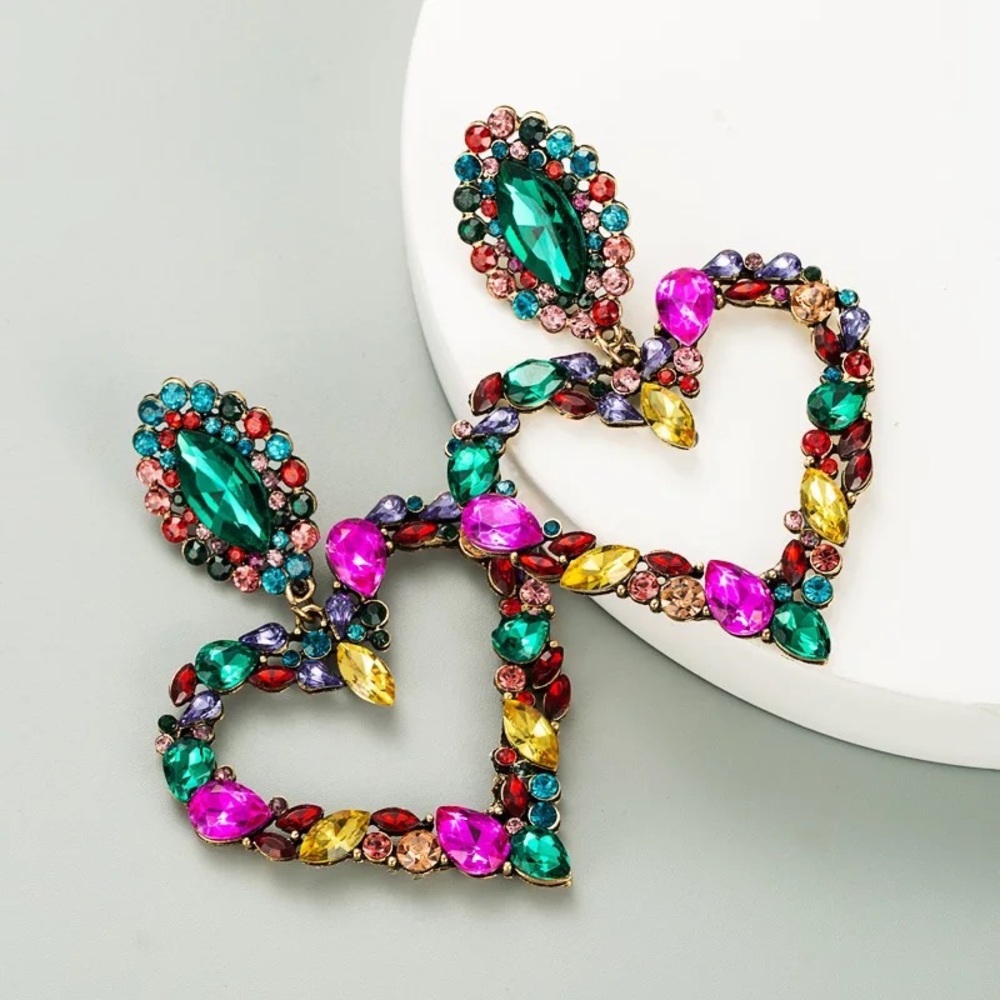 Green heart rhinestones fashion jewelry earrings